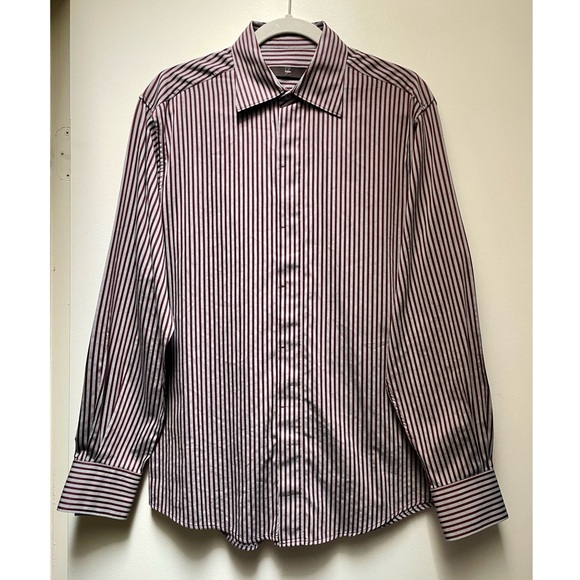 Zegna Gray & Burgundy Pinstriped Collared Button Down Men’s Dress Shirt, Size L - Picture 3 of 7